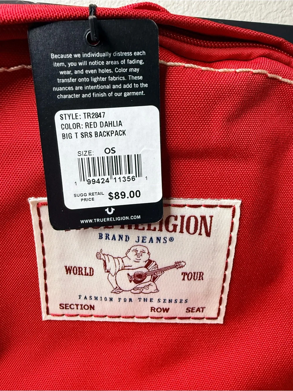 True Religion Big T SRS Backpack Red Dahlia NWT World Tour Distressed TR2847